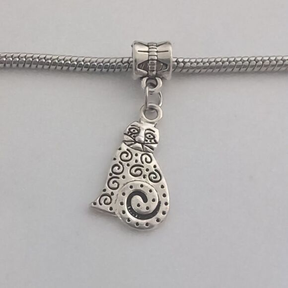 Silver Cat‎ Dangle Charm for Pandora Style Bracelet - Picture 1 of 4